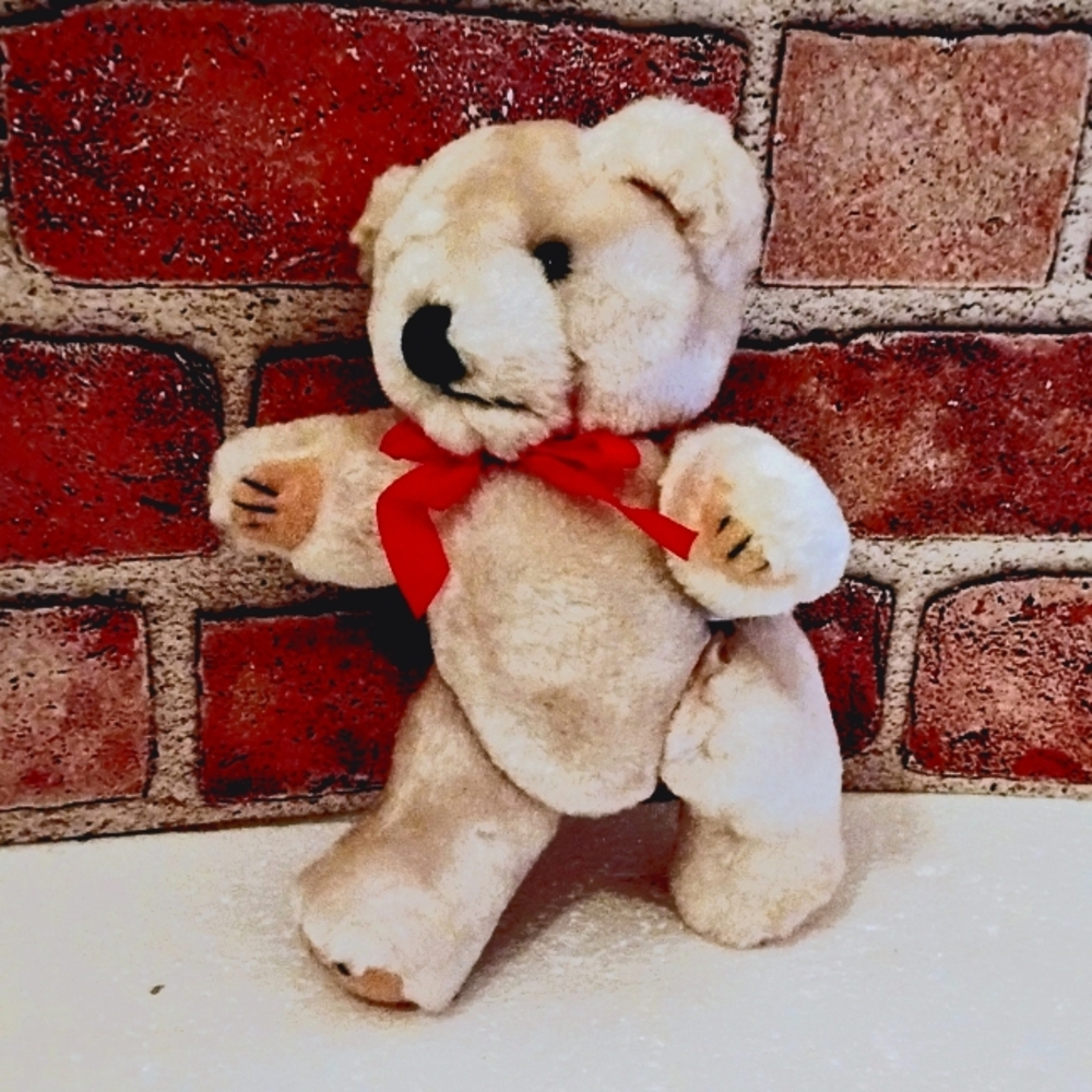 Vintage Plush Jointed Teddy with Red Bow